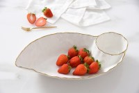 8" x 15" White and Gold Ceramic Chip and Dip Dish by Pampa Bay