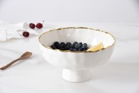 7" Round White and Gold Ceramic Footed Bowl by Pampa Bay