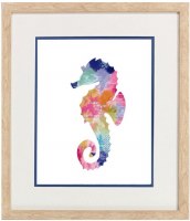 17" x 15" Multicolor Seahorse Coastal Print in a Natural Wood Frame Under Glass