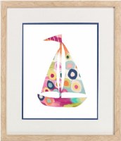 17" x 15" Multicolor Dotted Sailboat Coastal Print in a Natural Wood Frame Under Glass