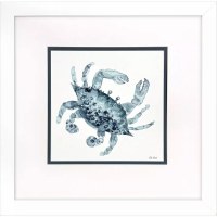 23" Sq Blue Crab on a White Background Coastal Print in a White Frame Under Glass