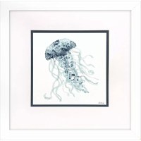 23" Sq Blue Jellyfish on a White Background Coastal Print in a White Frame Under Glass