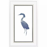 31" x 19" Dark Blue Heron Coastal Print in a White Frame Under Glass