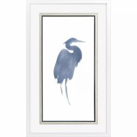 31" x 19" Medium Blue Heron Coastal Print in a White Frame Under Glass