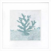 19" Sq Turquoise Coral on a White Background Coastal Print Under Glass