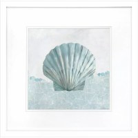 19" Sq Turquoise Scallop Shell on a White Background Coastal Print Under Glass