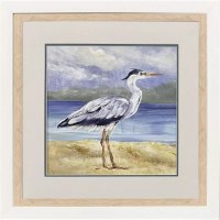 26" Sq Blue Heron Standing Horizontal Coastal Print in a Natural Wood Frame Under Glass