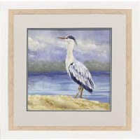 26" Sq Blue Heron Standing Vertical Coastal Print in a Natural Wood Frame Under Glass