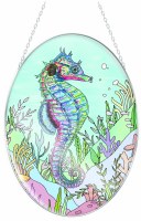 7" x 6" Oval Multicolor Seahorse Coastal Glass Suncatcher