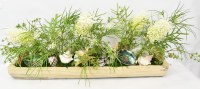 Faux Multicolored Tropical Flowers and Seashells in a Distressed Wood Tray