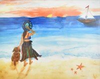 13" x 16" Girl with Dog on Beach Framed Wall Art Under Glass