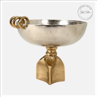 13" Round Silver and Gold Footed Decorative Bowl With Rings on the Rim