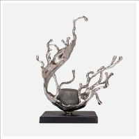 20" Silver Metal Splash Sculpture With a Votive Holder on a Black Base