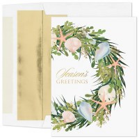 Box of 16 8" x 6" "Season's Greeting" Seashell Wreath Coastal Christmas Cards