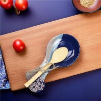 9" Blue and Distressed White Ceramic Spoon Rest With a Spoon