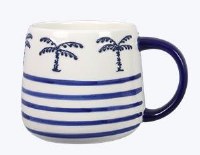25 Oz Blue Palm Trees Rim With Blue Stripes Coastal Ceramic Mug