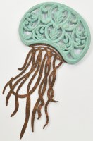 25" Distressed Turquoise Wood and Bronze Metal Coastal Jellyfish Wall Art Plaque