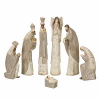 Set of Seven Distressed White and Taupe Nativity Scene Figurines