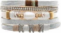 Silver and Gold Toned Polystone Freshwater Pearls Strappy Magnetic Bracelet