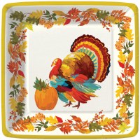 Pack of Six 7" Sq Thanksgiving Turkey Paper Plates