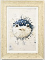 32" x 24" Puff! Pufferfish Coastal Gel Textured Print in a Distressed Sand Frame