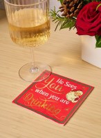 5" Square "He Sees You When You Are Drinking" Red Santa Beverage Napkins