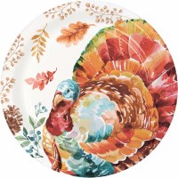 Pack of Eight 9" Round Teal Turkey Fall & Thanksgiving Paper Plates