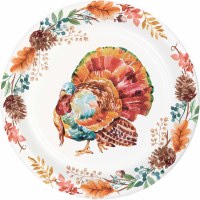 Pack of Eight 7" Round Teal Turkey Fall & Thanksgiving Paper Plates