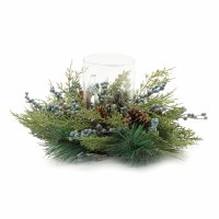 19" Round Faux Mixed Pine and a Glass HUrricane Centerpiece