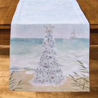 14" x 54" Oyster Tree on the Beach Coastal Christmas Table Runner