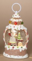9" LED Santa Holding a Cake Scene in a Gingerbread Lantern