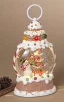 9" LED Snowman Decorating a Tree Scene in a Gingerbread Lantern