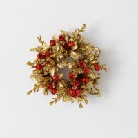 1.5" Opening Faux Gold Leaves and Red Berries Candle Ring