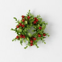 1.5" Opening Faux Green Leaves and Red Berries Candle Ring