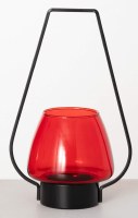 12" Black MetalLantern With a Red Glass Candle Holder