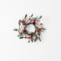 4.5" Opening Faux Green Leaves and Red Bells Candle Ring