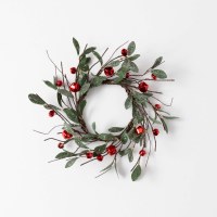 6.5" Opening Faux Green Leaves and Red Bells Candle Ring
