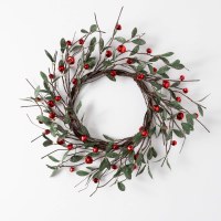 23" Round Faux Green Leaves and Red Bells Wreath