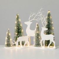 15" LED White Reindeer With Green Trees Statue