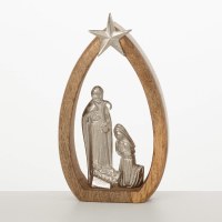 11" Silver Holy Family in a Brown wood Arch