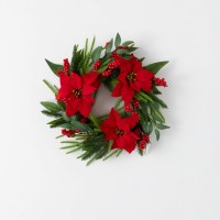 6.5" Opening Faux Red Poinsettia and Pine Candle Ring