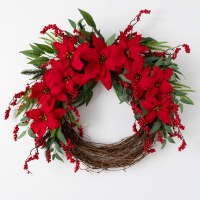 31" Double Faux Red Poinsettia and Pine Wreath