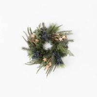 4.5" Opening Faux Dark Blue Berries and Pine With Gold Stars Candle Ring