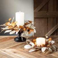 6.5" Opening Faux Distressed White and Orange Berries and Leaves Candle Ring