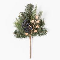 16" Faux Pine and Dark Blue Berries With Gold Stars Spray