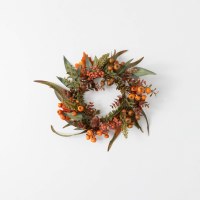 6.5" Opening Faux Dark Orange and Green Berries and Leaves Candle Ring