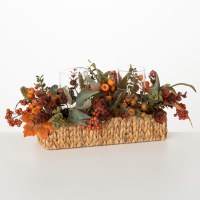 22" Faux Dark Orange and Green Berries and Leaves Hurricane Basket