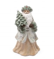 9" Beige and Green Polyresin Santa Holding a Christmas Tree Figurine