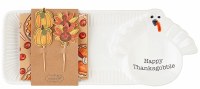 6" x 15" White Ceramic Turkey Serving Tray With Beverage Napkins by Mud Pie