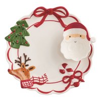 12" Round Multicolor Santa, Reindeer, and Christmas Tree Ceramic Chip and Dip Dish by Mud Pie